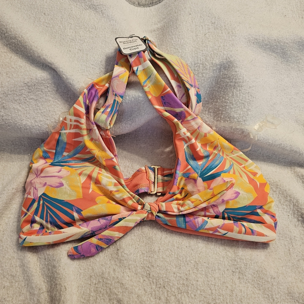 Time And Tru Small Orange Cream Floral Halter Bikini Top
